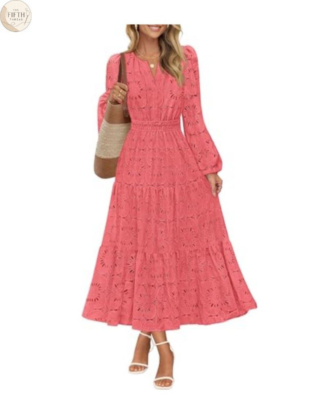 MEROKEETY Women's Long Sleeve Eyelet Lace Floral Maxi Dress Formal